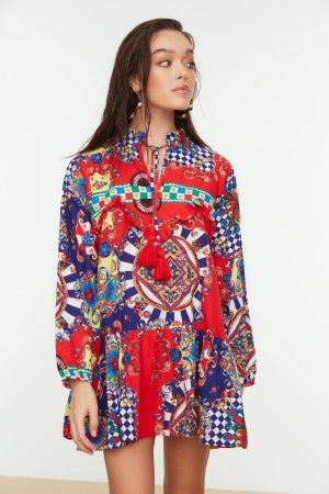 Пляжное платье из вуали с мозаичным узором и кисточками , разноцветный Trendyol