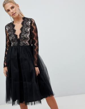 Платье с кружевным топом и длинными рукавами London-Черный Rare