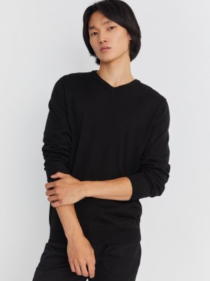 Шерстяной трикотажный пуловер с треугольным вырезом и длинным рукавом zolla. Цвет: черный
