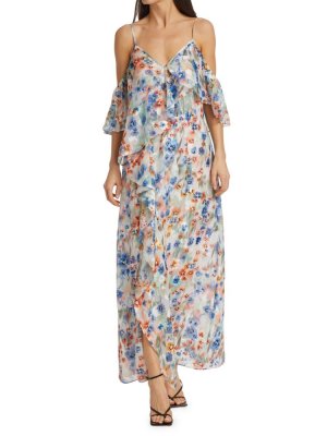 Платье макси Lorena с цветочным принтом и рюшами , цвет Blue Multicolor Tanya Taylor
