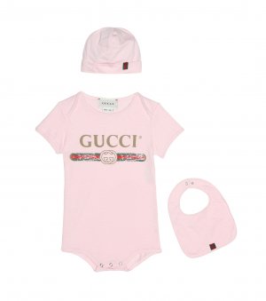 Комплект из хлопкового боди, нагрудника и шапочки , розовый Gucci