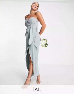 Эксклюзивное платье-бандо мидакси с запахом и плиссировкой для подружек невесты цвета шалфей TFNC