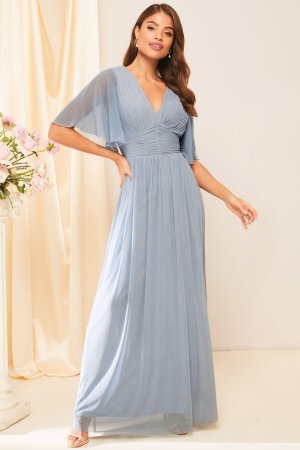 Платье-макси из свадебной коллекции с короткими рукавами вырезом под грудь , синий Lipsy