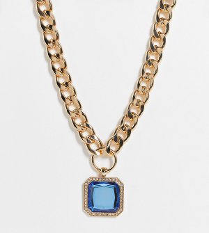Эксклюзивное массивное ожерелье-чокер золотистого цвета с квадратным голубым кристаллом -Голубой Big Metal London