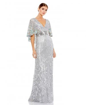 Женское платье с накидкой и рукавами-накидкой, украшенное пайетками V-образным вырезом цветочным принтом , серебро Mac Duggal