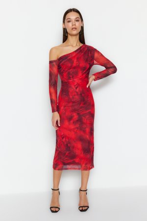Вязаное платье-миди с асимметричным воротником и красной подкладкой , красный Trendyol