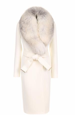 Шерстяное пальто с поясом и отделкой из меха лисы Roberto Cavalli. Цвет: белый