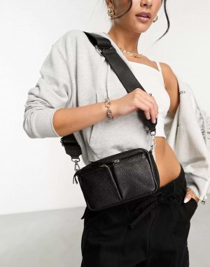 Черная кожаная сумка через плечо с двумя карманами ASOS