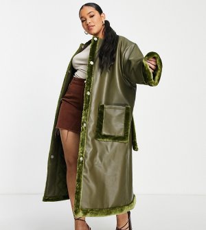 Пальто в стиле oversized из искусственной овчины с высоким воротом и съемным шарфом ASOS DESIGN Curve-Зеленый цвет Curve