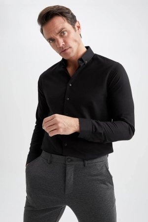 Текстурированная хлопковая рубашка с длинными рукавами и воротником-поло Modern Fit , черный DeFacto