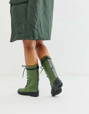 Резиновые сапоги цвета хаки на шнуровке и массивной подошве Ground-Зеленый ASOS DESIGN