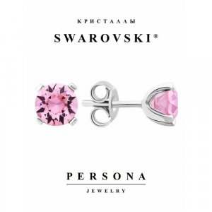Серьги пусеты серебро, 925 проба, родирование, кристаллы Swarovski, размер/диаметр 6 мм, длина 1.4 см, розовый PERSONA. Цвет: розовый