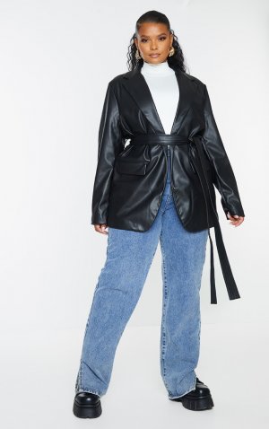 Черный пиджак из искусственной кожи с запахом и поясом PLT Label Plus PrettyLittleThing