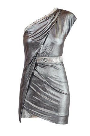 Платье на одно плечо с серебристым напылением и зеркальной отделкой BALMAIN. Цвет: серебристый