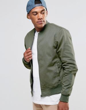 Хлопковая куртка-бомбер цвета хаки New Look. Цвет: зеленый