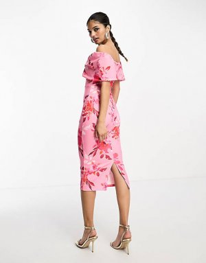 Платье миди со складками розового цвета с цветочным принтом True Violet