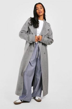 Двубортное шерстяное пальто макси с миниатюрным воротником boohoo, серый Boohoo