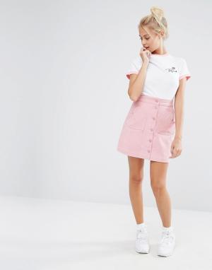 Вельветовая мини-юбка на пуговицах с карманами в форме сердца Lazy Oaf. Цвет: розовый