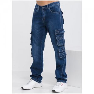 Джинсы мужские,MkJeans многокарманки, прямые, классические, бананы, больших размеров, широкие, свободные, брюки джинсовые. MKJeans. Цвет: синий