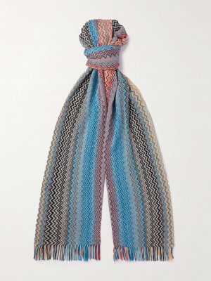 Вязаный крючком хлопковый шарф в полоску с бахромой MISSONI, синий Missoni