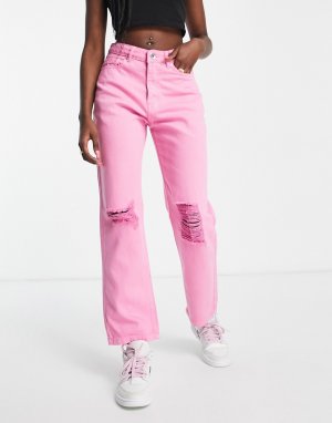 Пыльно-розовые прямые джинсы с завышенной талией -Розовый цвет NaaNaa