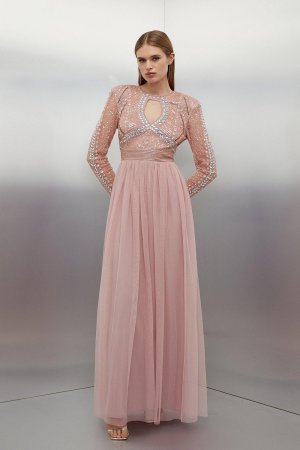 Тканое платье-макси с украшением и тюлевой юбкой , розовый Karen Millen