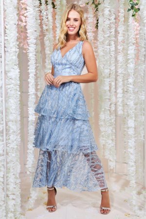 Многоярусное платье-миди из вышитой сетки , синий Goddiva