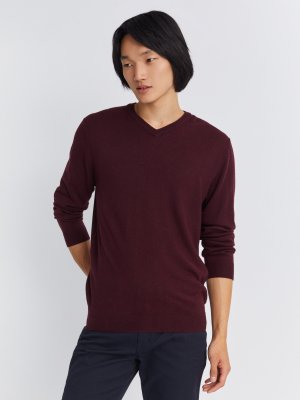 Шерстяной трикотажный пуловер с треугольным вырезом и длинным рукавом zolla. Цвет: бордо