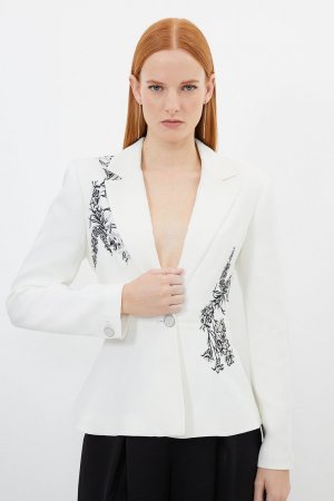Компактный пиджак из вискозы с вышитой баской , белый Karen Millen