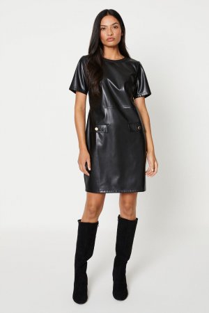 Платье из искусственной кожи с короткими рукавами и карманами спереди, черный Dorothy Perkins