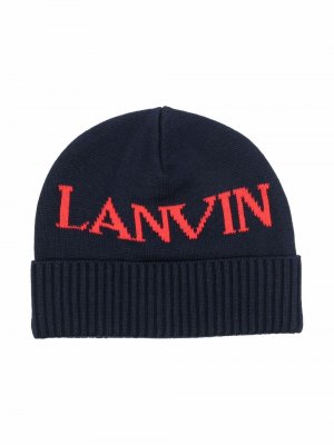 Шапка бини вязки интарсия с логотипом LANVIN Enfant. Цвет: синий