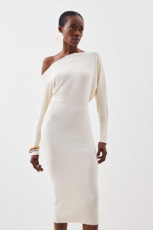 Трикотажное платье миди с асимметричным вырезом из смесовой вискозы , белый Karen Millen