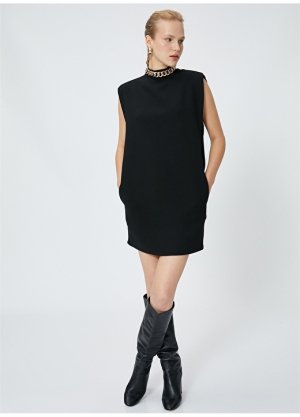 Однотонное черное короткое женское платье с высоким воротником Koton