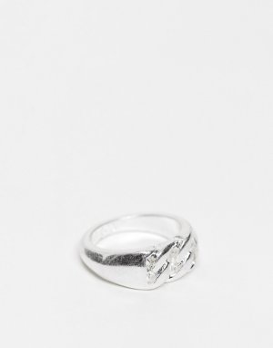 Серебристое кольцо-печатка с декором в виде звеньев цепочки -Серебристый Icon Brand