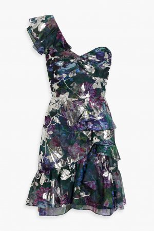 Шифоновое мини-платье на одно плечо с металлизированным цветочным принтом MARCHESA NOTTE, изумрудный Notte