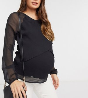 Черная шифоновая блузка для беременных и кормящих мам с запахом элементами кормления Mamalicious Maternity-Черный Mama.licious