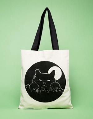 Белая сумка-тоут из парусины с черным принтом кота Blank Canvas Lola & Gilbert. Цвет: мульти
