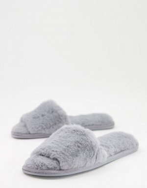 Серые мюли-слиперы из искусственного меха с открытым носком -Серый Totes