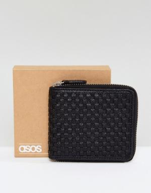 Черный кожаный бумажник на молнии с плетеной отделкой ASOS. Цвет: черный