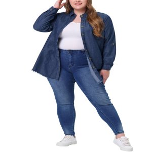 Женская джинсовая длинная куртка-рубашка больших размеров с длинным рукавом на пуговицах , темно-синий Agnes Orinda