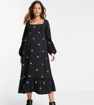 Черное платье миди с присборенной юбкой, квадратной горловиной и цветочной вышивкой по всей поверхности ASOS DESIGN Maternity-Черный цвет Maternity