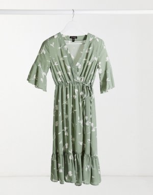 Шалфейно-зеленое платье миди с запахом и цветочным принтом -Зеленый цвет QED London