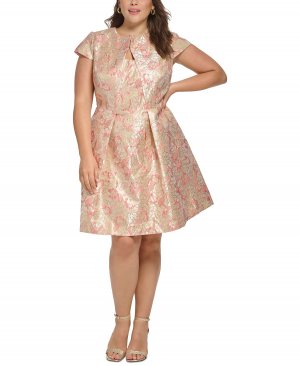 Жаккардовое платье больших размеров с короткими рукавами и цветочным принтом, облегающее расклешенное , коралловый Vince Camuto