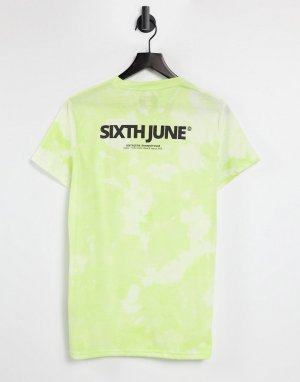Лаймовая выбеленная oversized-футболка в стиле унисекс с логотипом на груди (от комплекта) -Зеленый цвет Sixth June