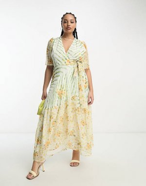 Платье макси с развевающимися рукавами и запахом Plus контрастным зеленым цветочным принтом Hope & Ivy