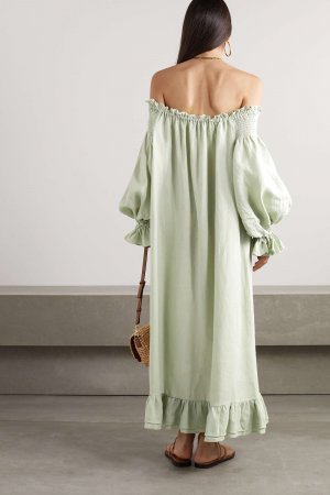 SLEEPER + NET SUSTAIN Платье миди из органического льна с открытыми плечами и оборками Romantica, зеленый