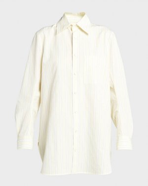 Полосатая рубашка-туника из хлопка и льна с воротником Bottega Veneta