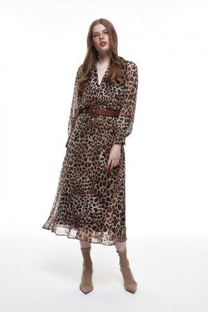 Коричневое длинное платье с леопардовым принтом и поясом QUZU