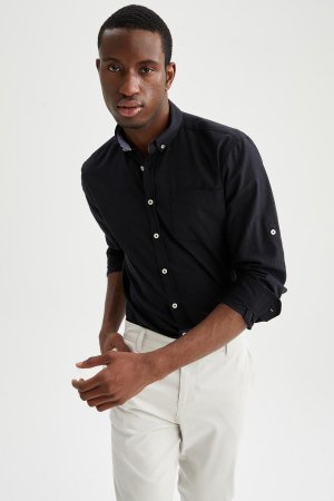 Рубашка узкого кроя с воротником-поло и длинными рукавами , черный DeFacto