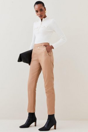 Кожаные брюки с пуговицами , коричневый Karen Millen